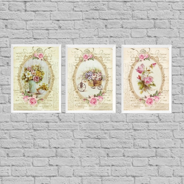 Kit 3 Quadros Decorativos Vintage Jardim 24x18cm - Com Vidro