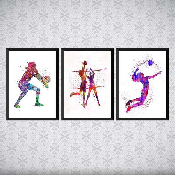 Kit 3 Quadros Decorativos Volleyball 33x24cm Moldura:madeira