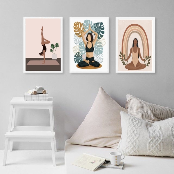 Kit 3 Quadros Decorativos Yoga E Plantas 45x34cm Moldura:made