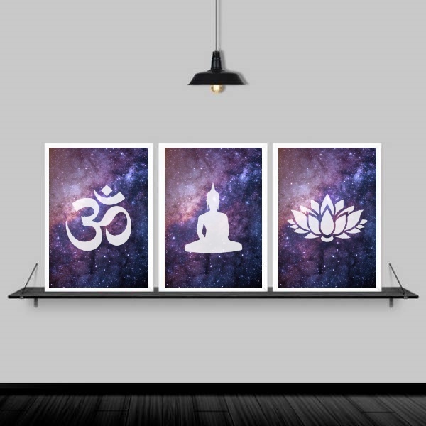 Kit 3 Quadros Decorativos Zen Buda Universo 33x24cm Moldura:m
