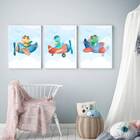 Kit 3 Quadros Dinossaurinhos Avião 33x24cm - Com Vidro Moldur