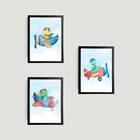 Kit 3 Quadros Dinossaurinhos Avião 45x34cm - Com Vidro Moldur