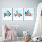 Kit 3 Quadros Dinossaurinhos Avião 45x34cm - Com Vidro Moldur
