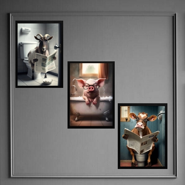 Kit 3 Quadros Divertidos Banheiro Fazenda 33x24cm Moldura:mad