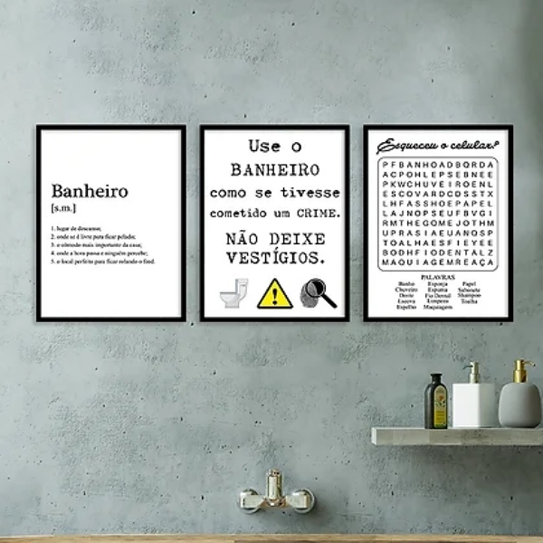 Kit 3 Quadros Divertidos Para Banheiro 33x24cm - Com Vidro Mo