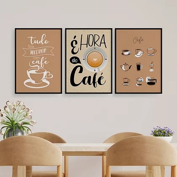 Kit 3 Quadros É Hora Do Café 45x34cm Moldura:madeira Branca