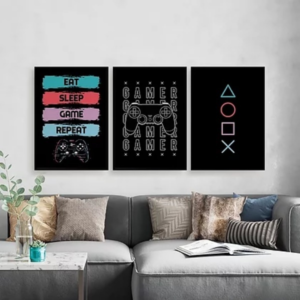 Kit 3 Quadros Eat Sleep Game Repeat 33x24cm Moldura:madeira B