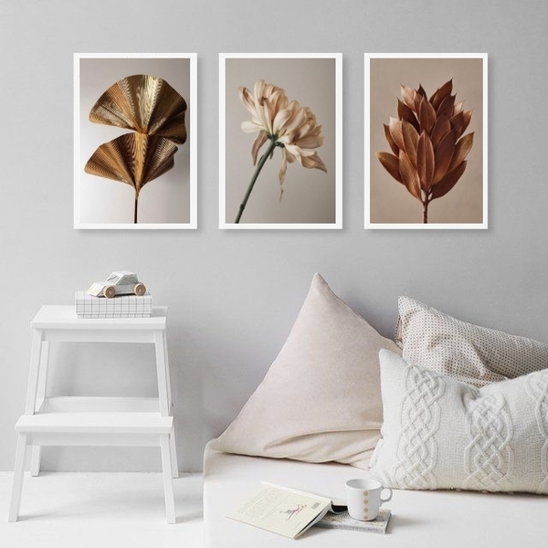 Kit 3 Quadros Elegantes Flores Marrom Bege Dourado 45x34cm -