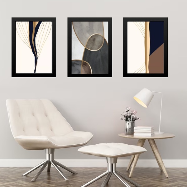 Kit 3 Quadros Elegantes Neutros Abstratos 45x34cm Moldura Pre