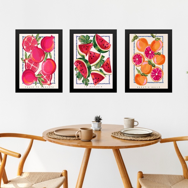 Kit 3 Quadros Elegantes Para Cozinha - Frutas 45x34cm - Com V
