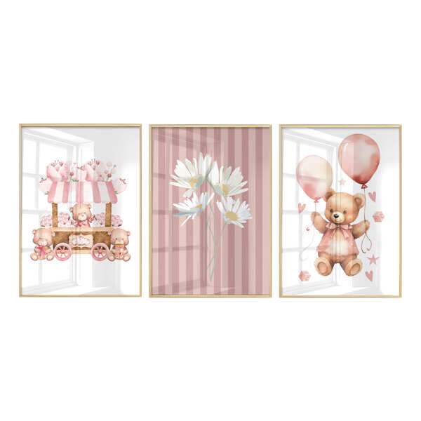 Kit 3 Quadros Em Vidro Flores Ursos Menina Infantil Feira Par