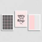 Kit 3 Quadros Enjoy Rosa E Cinza 24x18cm - Com Vidro Moldura:
