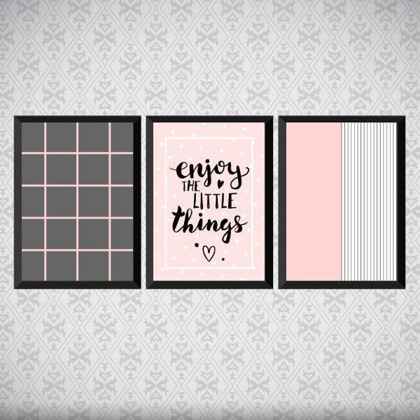 Kit 3 Quadros Enjoy Rosa E Cinza 33x24cm - Com Vidro Moldura: