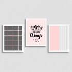 Kit 3 Quadros Enjoy Rosa E Cinza 33x24cm Moldura:madeira Preta