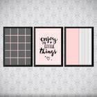 Kit 3 Quadros Enjoy Rosa E Cinza 33x24cm Moldura:madeira Preta