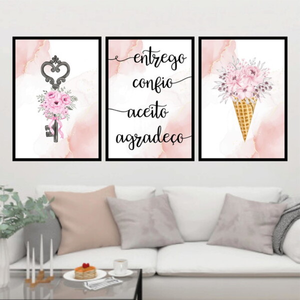 Kit 3 Quadros Entrego Aceito Confio Agradeço 60x40cm Moldura: