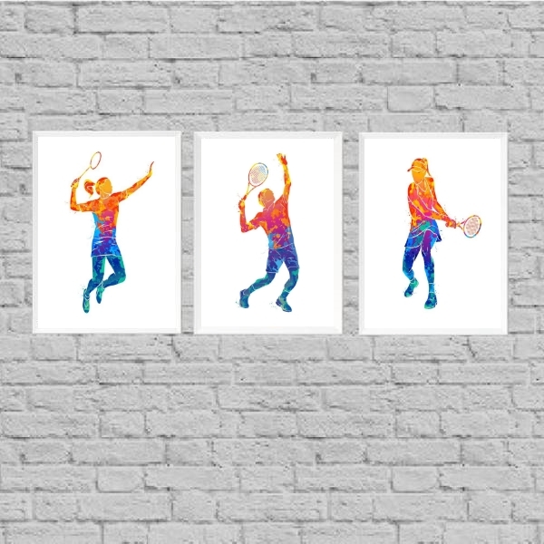 Kit 3 Quadros Esporte Tênis 33x24cm Moldura:madeira Branca