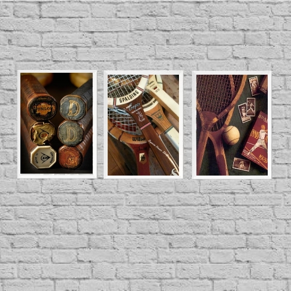 Kit 3 Quadros Esporte Tênis Vintage 24x18cm - Com Vidro Moldu