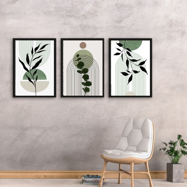 Kit 3 Quadros Estilo Boho Folhas Verdes 33x24cm - Com Vidro M