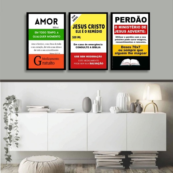 Kit 3 Quadros Evangélicos Remédios 33x24cm Moldura Branca