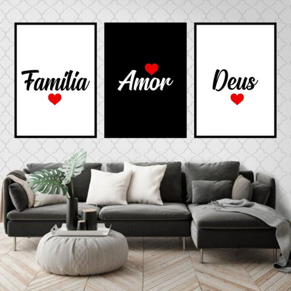 Kit 3 Quadros Família, Deus E Amor 45x34cm - Com Vidro Moldur