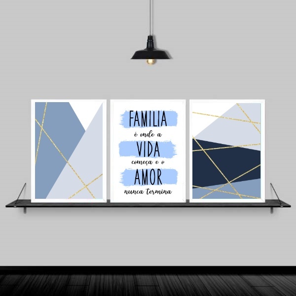 Kit 3 Quadros Família Vida Amor Azul 45x34cm - Com Vidro Mold