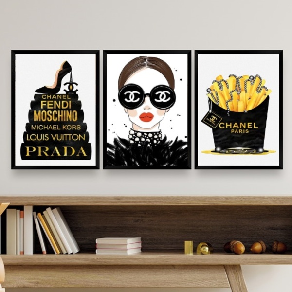 Kit 3 Quadros Fashion Marcas Famosas Mulher livros 33x24cm Mo