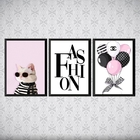 Kit 3 Quadros Fashion Moda Rosa E Preto 45x34cm Moldura:madei