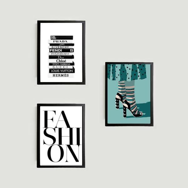 Kit 3 Quadros Fashion Moda Turquesa A4 (20 X 30) Moldura