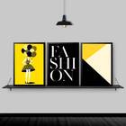 Kit 3 Quadros Fashion Preto E Amarelo 24x18cm - Com Vidro Mol