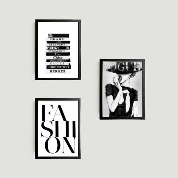 Kit 3 Quadros Fashion Preto E Branco 24x18cm - Com Vidro Mold