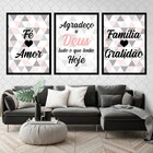 Kit 3 Quadros Fé, Amor, Família Triângulos 24x18cm - Com Vidr