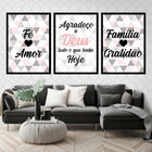 Kit 3 Quadros Fé, Amor, Família Triângulos 60x40cm Moldura:ma