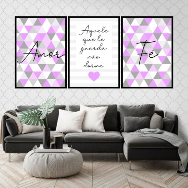 Kit 3 Quadros Fé Amor Geométrico Triângulos 60x40cm Moldura:m