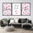 Kit 3 Quadros Fé Amor Triângulos Rosa 45x34cm - Com Vidro Mol