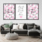 Kit 3 Quadros Fé Amor Triângulos Rosa 60x40cm Moldura:madeira