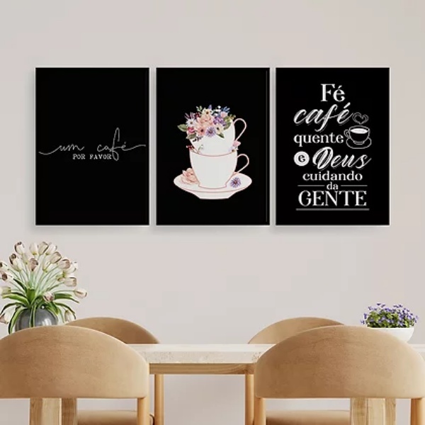 Kit 3 Quadros Fé Café E Deus 33x24cm - Com Vidro Moldura:made