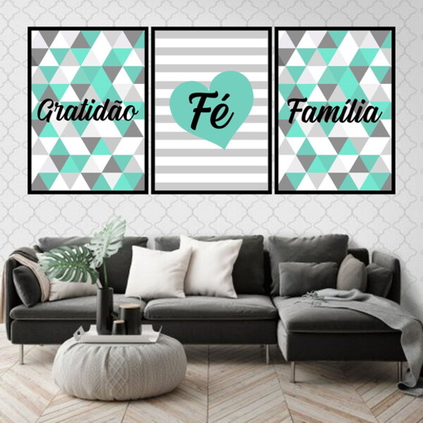 Kit 3 Quadros Fé E Família - Geométrico 24x18cm - Com Vidro M