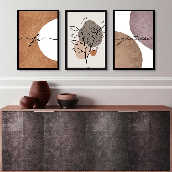 Kit 3 Quadros Fé E Gratidão Boho 45x34cm - Com Vidro Moldura: