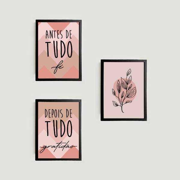 Kit 3 Quadros Fé E Gratidão - Chevron 45x34cm A3 (45 X 34)