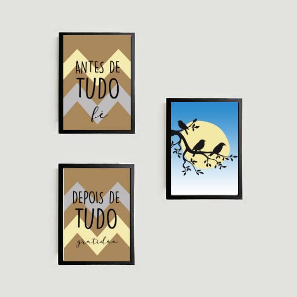 Kit 3 Quadros Fé E Gratidão Pássaros 24x18cm Moldura:madeira