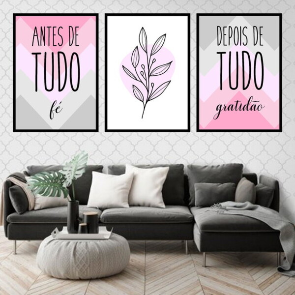 Kit 3 Quadros Fé Gratidão Rosa Cinza Folha 33x24cm - Com Vidr