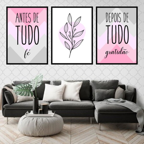 Kit 3 Quadros Fé Gratidão Rosa Cinza Folha 45x34cm - Com Vidr
