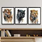Kit 3 Quadros Felinos Aquarela Tigre Onça pantera 33x24cm Mol