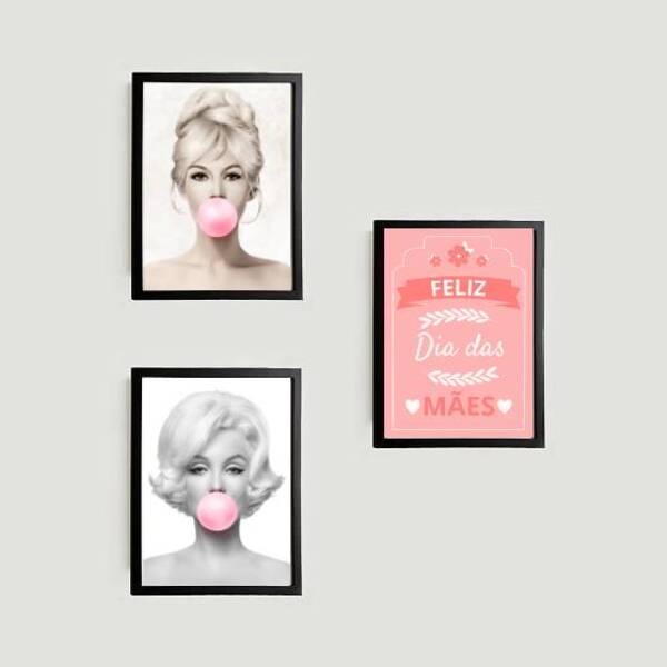 Kit 3 Quadros Feliz Dia Das Mães Divas 45x34cm - Com Vidro Mo