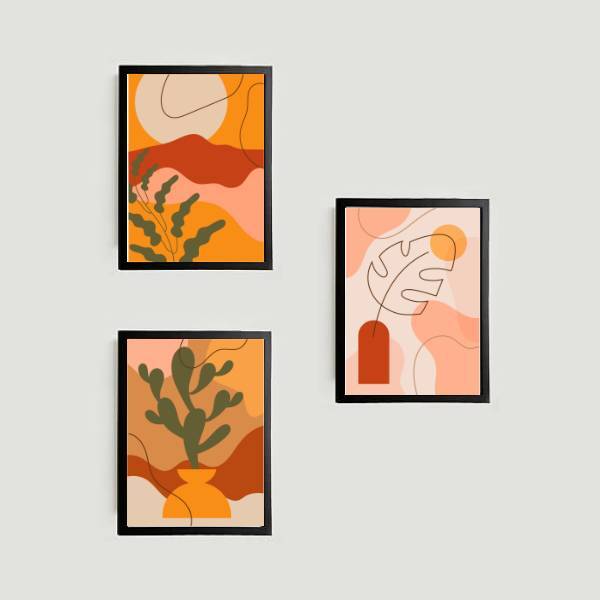 Kit 3 Quadros Figurativos Folhagens Alaranjadas 45x34cm - Com