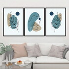 Kit 3 Quadros Florais Boho Azul 60x40cm Moldura:madeira Branca