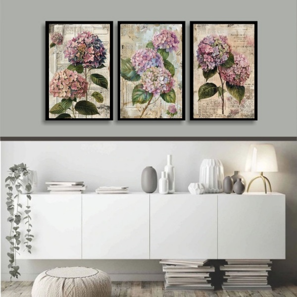 Kit 3 Quadros Florais - Hortências 45x34cm - Com Vidro Moldur