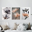 Kit 3 Quadros Florais Nuances Cinza E Laranja 24x18cm - Com V