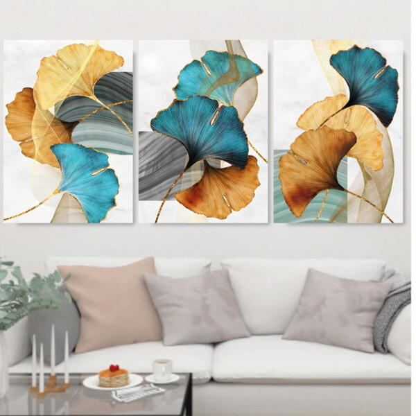 Kit 3 Quadros Flores Azuis E Douradas 33x24cm Moldura:madeira